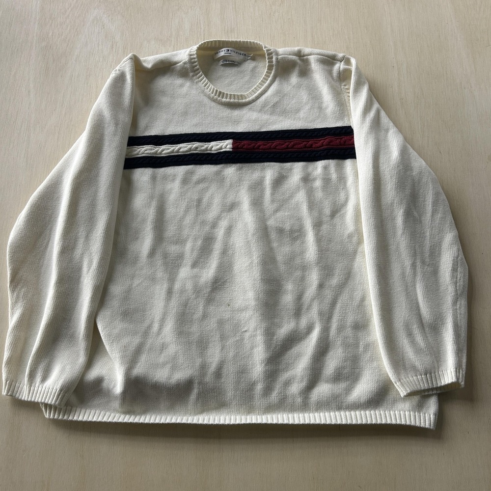 Tommy Hilfiger Sweater Womens 3X White Striped Cable Knit Crewneck Pullover